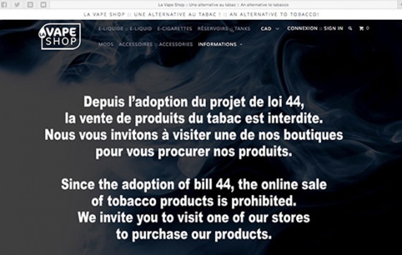 Новости из Канады:интернет продажа vaping продукции является незаконным в Квебеке