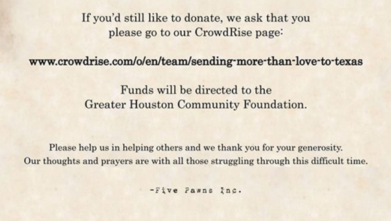 Компания Five Pawns бросает все свои усилия на помощь пострадавшим от урагана Харви